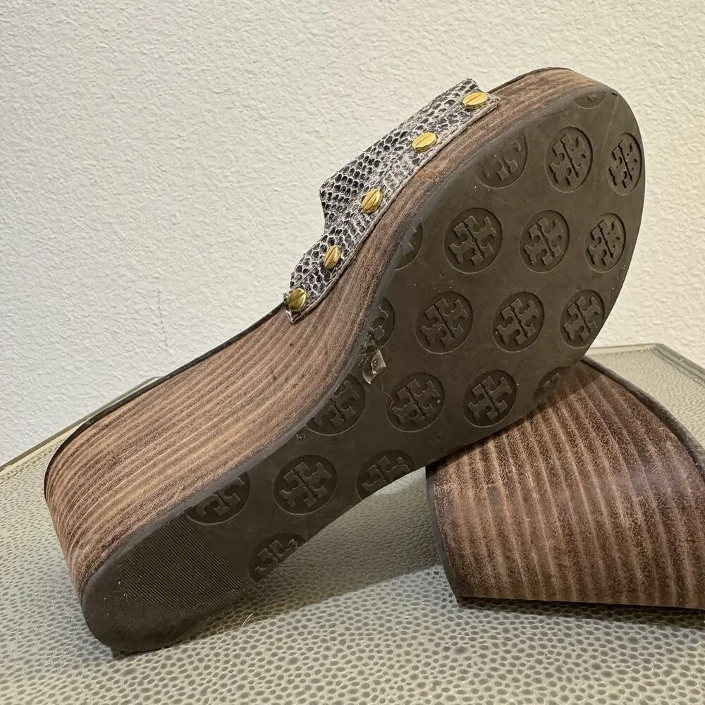 Tory Burch Patti Snakeskin Leather Platform Wedge Slide Sandals Size 8.5 M